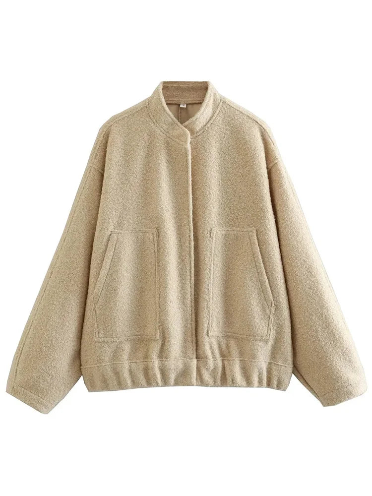 MiuKoMiYa Army Green Short Wool Blend Bomber Jackets For Women Winter Outdoor Women's Woolen Blend Coat Women Loose Wool Jacket