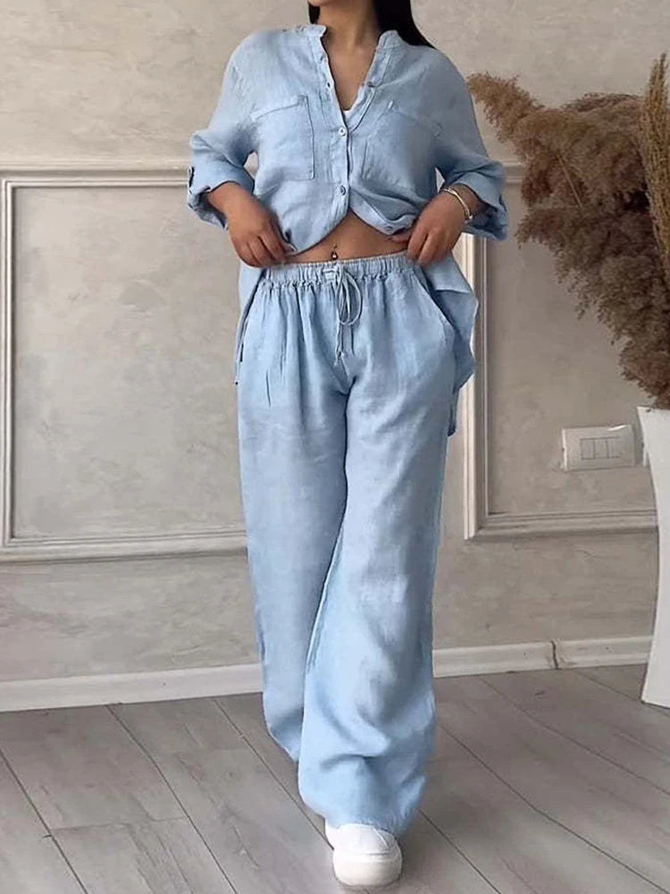 Rafiah Women's Sets Summer Fashion Comfortable 2025 Plain Loose Fit Shirt Collar Long Sleeve Top Maxi Pants Casual Sets