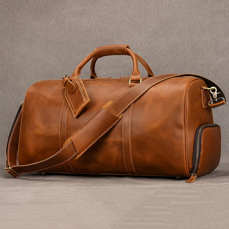 Sac de voyage en cuir véritable de grande capacité pour hommes et femmes, en cuir de vache noir souple, polochon de voyage décontracté, grand sac à bandoulière pour week-end
