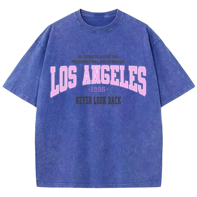Cotton Washed T-Shirts Trend Distressed Loose Tees Los Angeles 1996 Printing Short Sleeve Summer Clothes