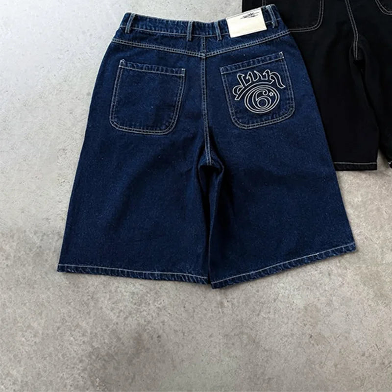Y2K Fashion Retro Jeans High Quality White Embroidery Logo Casual Loose Denim Shorts Men Women Punk Rock High Waist Streetwear