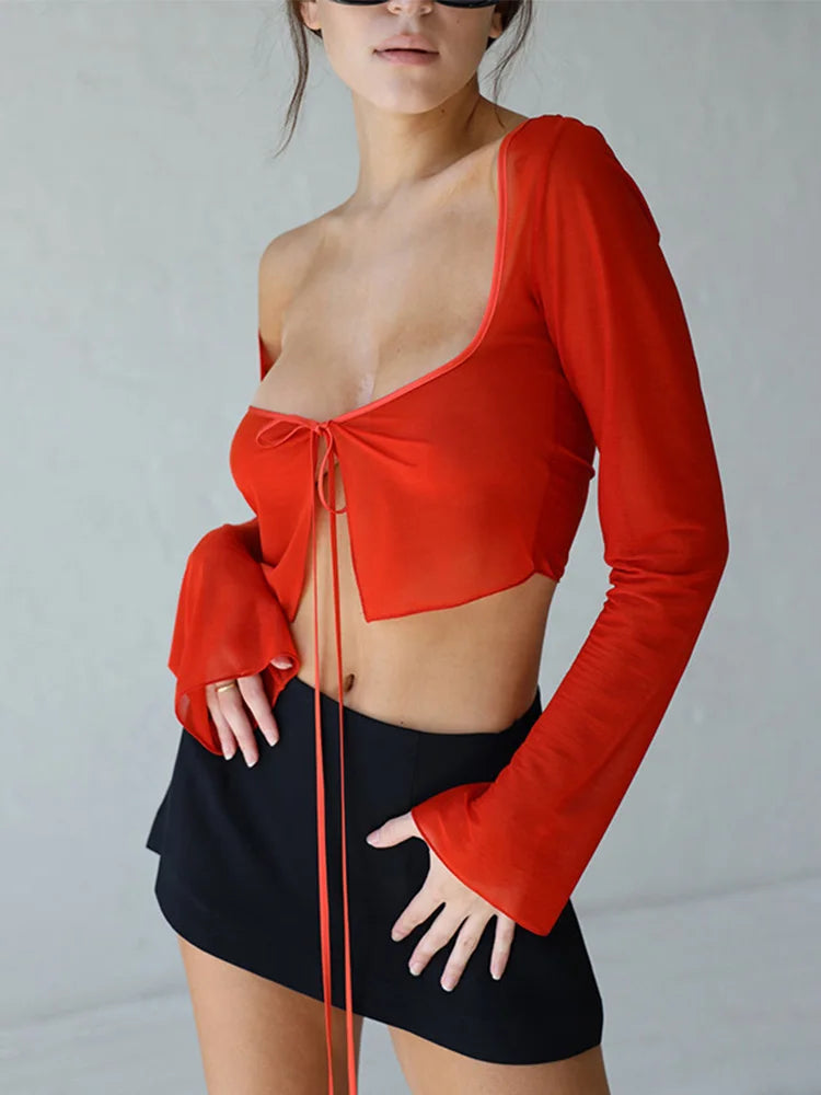 Vintage Aesthetic Crop Top Summer Women Mesh Long Sleeve T Shirt Lace Up Bandage Clothes y2k Clothes Casual Grunge Tees