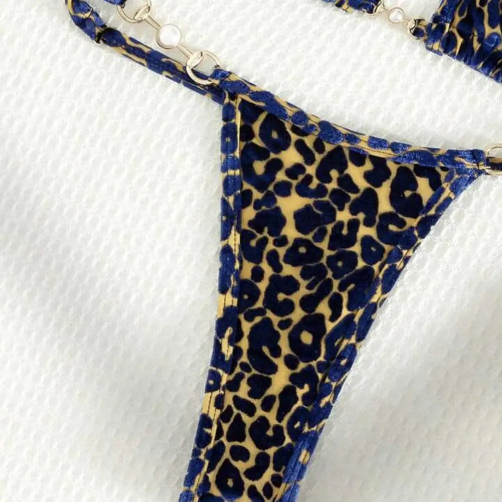 2Pcs/Set Women Bikini Set Leopard Print Halter Bra Faux Pearls Briefs Set Quick Drying Two-piece Lady Swimsuit Beachwear