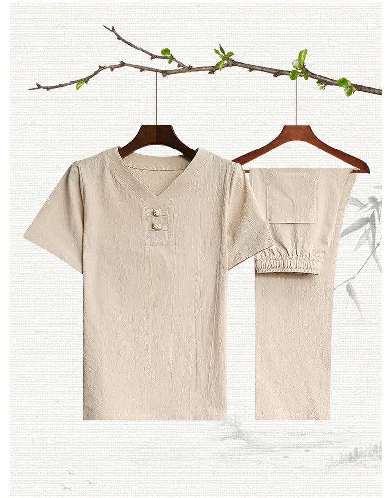 (Shirt + trousers) 2025 summer men shirt Cotton and linen shirts elastic waist Short sleeve casual men's shirts men size M-5XL