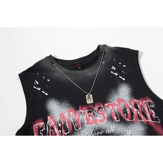 2025 Summer Washed Tank Tops V Cut Baggy Hip Hop Splash-ink Ripped Tshirts Sleeveless Tops Necklace Mens Oversize Vests Y2k