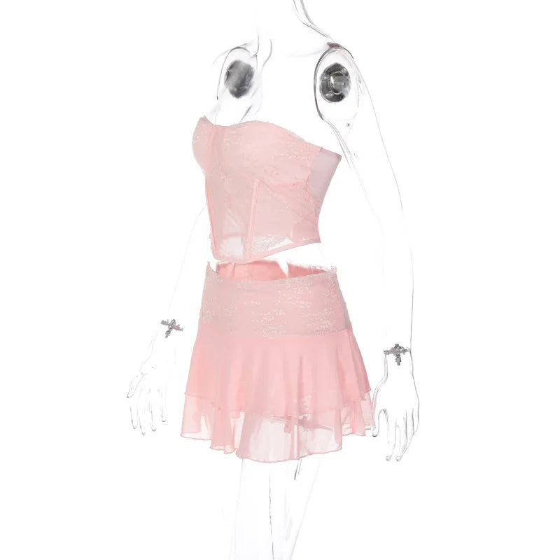 Two Piece Sets Y2k Lace See Through Sexy Camisole Bustiers Womens Sexy Double Layer Mini Skirts Chic Beachwear Crop Top Summer