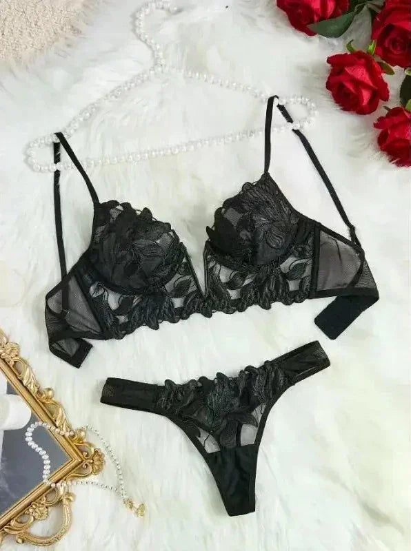 Fairy Lingerie Floral Valentine Charming Brief Panty Underwear Sexy Nighty Fancy V Underwear Brief Set for Lady See Through Bra
