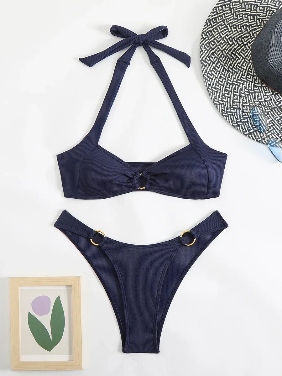 Sexy Women's Swimsuit Bikini Set Solid Halter Split Micro Bikini Two-piece Swimwear 2025 New Summer Swimming Beach Bathing Suits