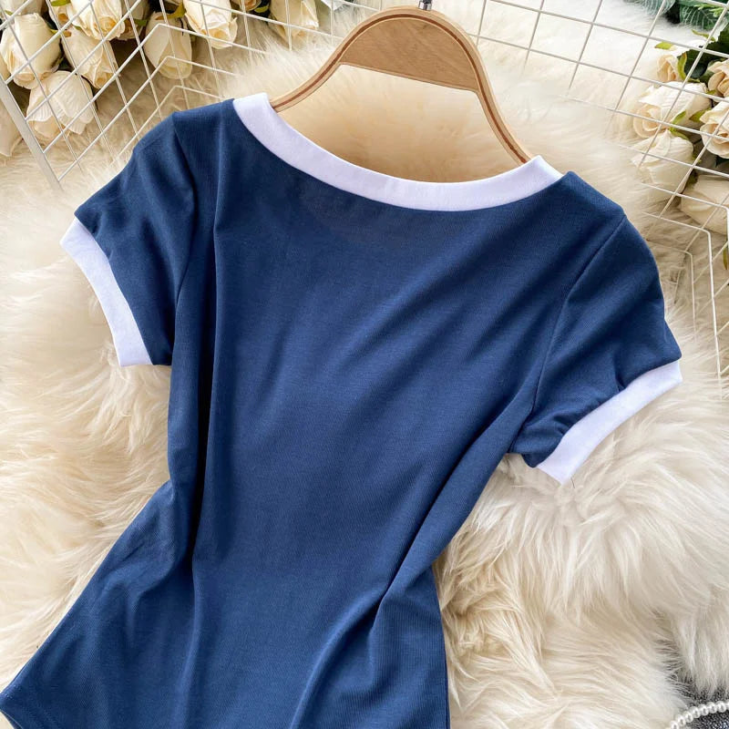 Foamlina Short Sleeve Knitted Skinny Bodysuit Women Summer Fashion Color Block Letters Embroidery O-neck Slim Body Top Jumpsuit