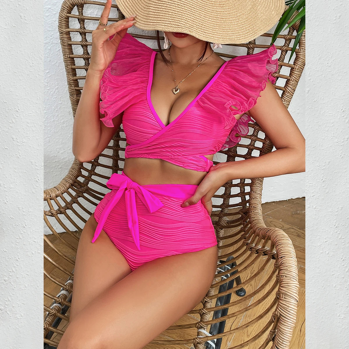 2025 New Sexy High Waist Ruffled Bikini Set Flounce Swimwear Women Swimsuit Solid Strappy Beachwear V-neck Bathing Suit Biquini