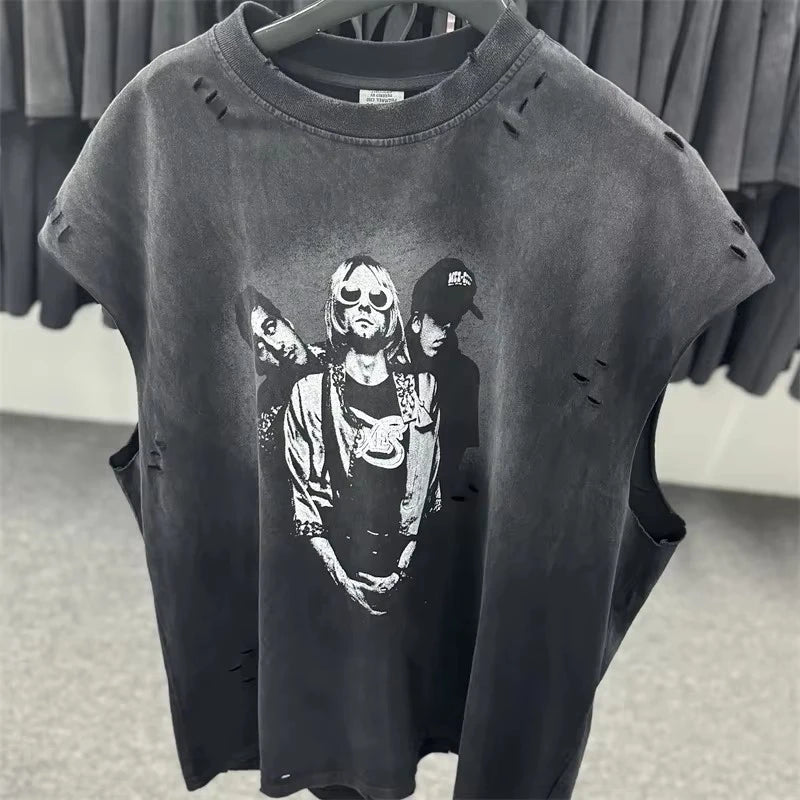 Vintage SAINT Guns N Roses Washed T-Shirts High Quality Dirty Soil Spray Hand Worn Tank Top T Shirt Tee Tops