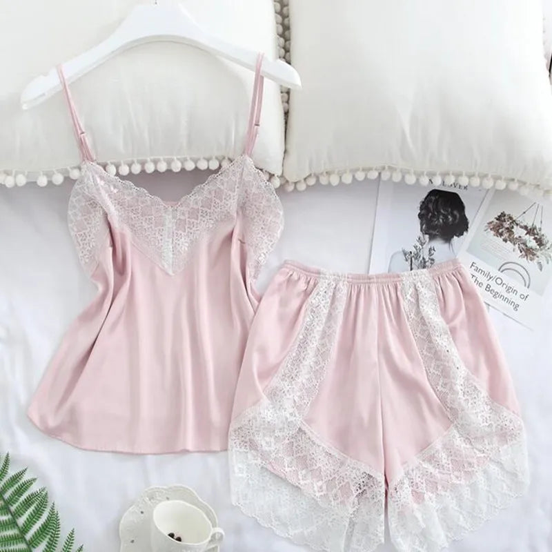 Women's Sleepwear Set Sexy Lace Trim Sleeveless Camisole Shorts Pajama Sets Summer Two Piece Nightwear Loungewear for Women 