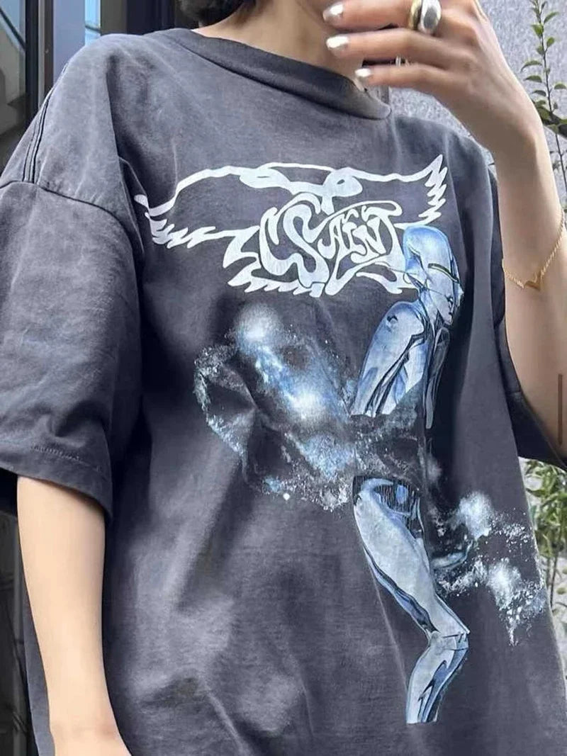 Vintage Series Saint Round Neck Sexy Robot Printed Casual High Quality Oversized T Shirt Harajuku Streetwear Men