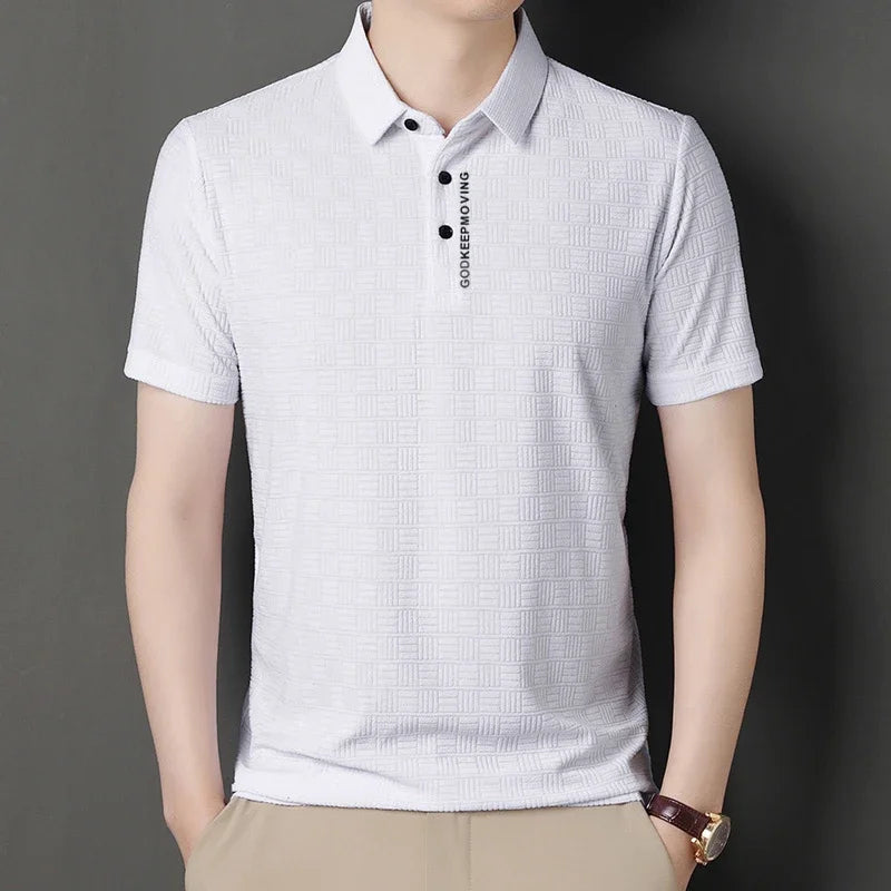 New Men's Business Casual Short Sleeved Shirt with Badge Solid Color Polo Shirt Fashionable Breathable Comfortable Versatile Top