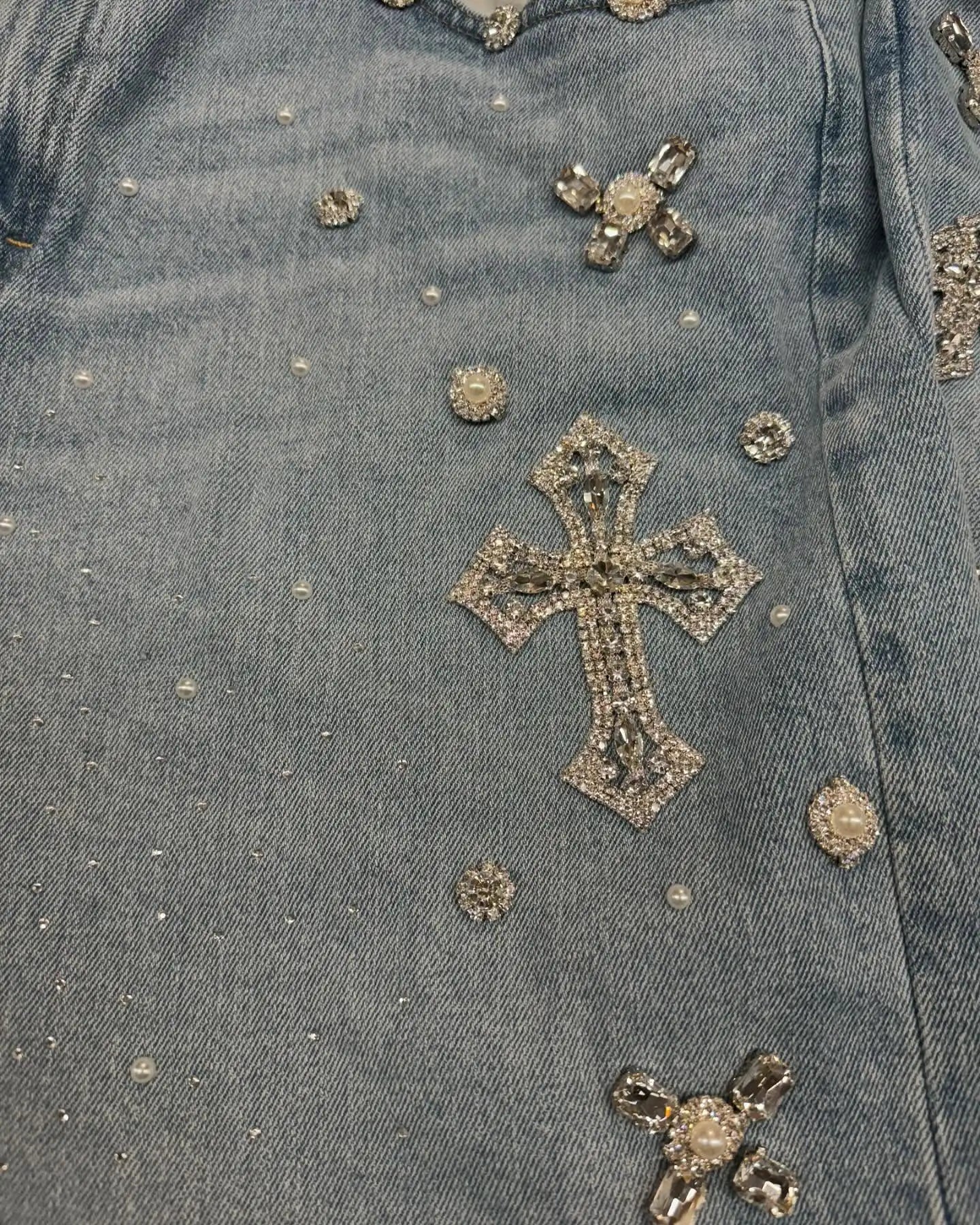 Y2K Gothic Diamond Cross Embroidery Denim Shorts American Retro Blue Gym Shorts Rhinestone Streetwear Hip Hop Men Women Jorts