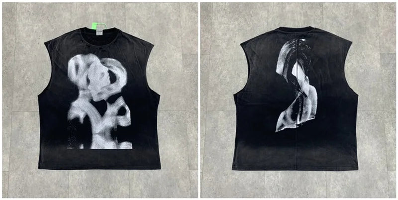 Vintage Washed Saint Sleeveless Tank T-shirts Oversize Men Woman Good Quality Black White Grey Hole Old Summer Streetwear