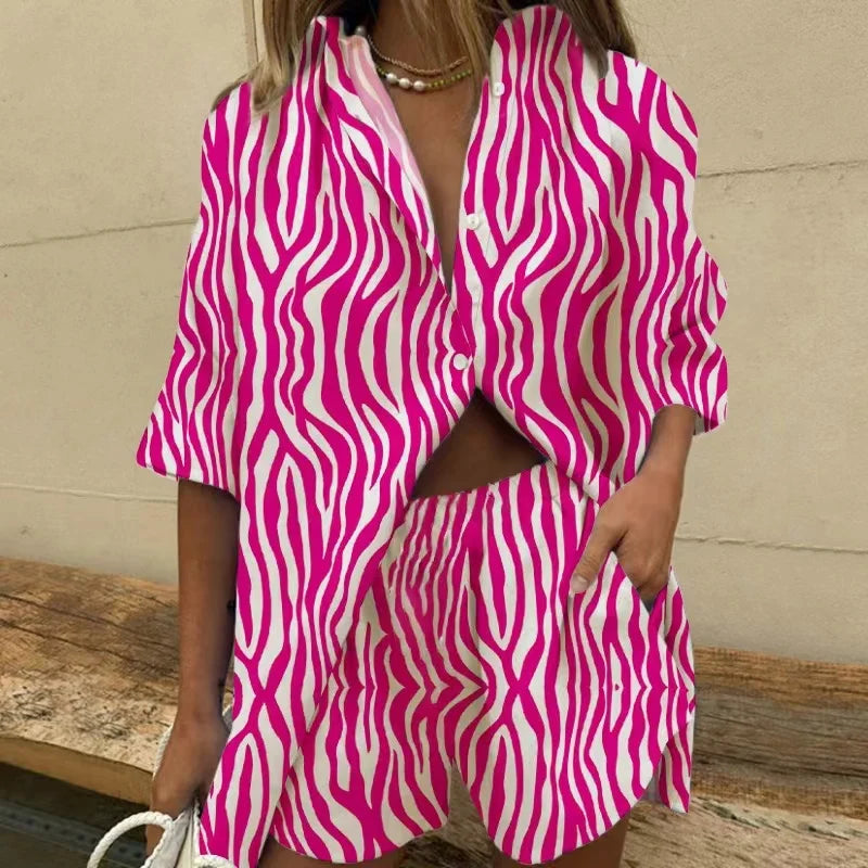 2024 new European and American clothing single-breasted lapel short-sleeved shirt two-piece set wide-leg pants lace-up shorts