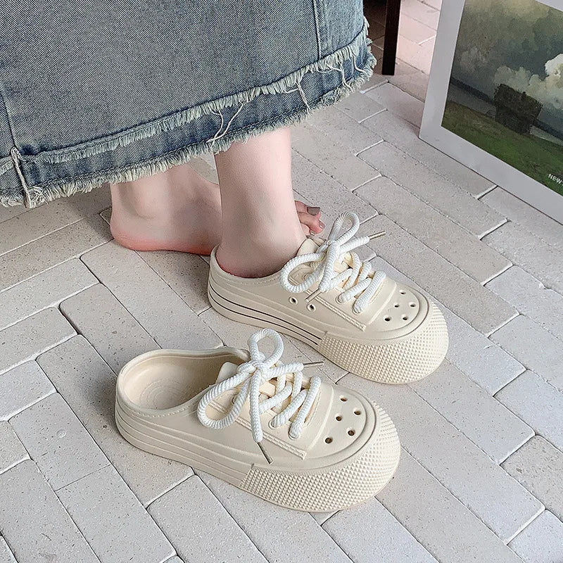 Women Fashion Clogs Lace-up Platform Slippers Summer Shoes Soft EVA Anti-slip Female Beach Street Slides Thick Sole Sandals