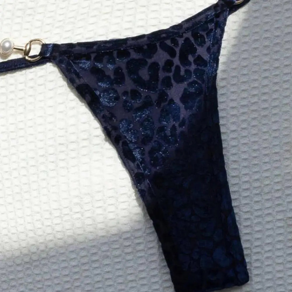 2Pcs/Set Women Bikini Set Leopard Print Halter Bra Faux Pearls Briefs Set Quick Drying Two-piece Lady Swimsuit Beachwear