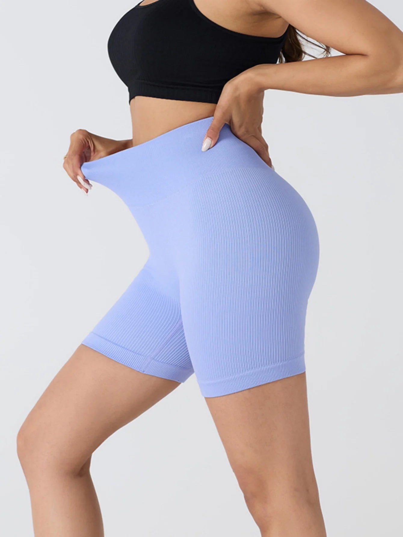 High-waisted Yoga Pant For Women, Designed To Lift And Shape, Tight-fitting With Solid Color And Ribbed Texture, Sports Shorts