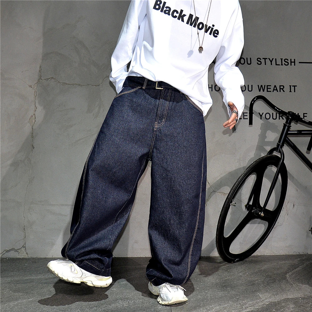 Mens American High Street Baggy Jeans Navy Blue Premium Denim Wide Leg Straight Loose Fit Korean Streetwear Trendy Pants Male