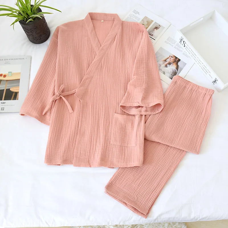 Japanese Kimono Pajamas V-Neck Long Sleeve Pijamas Women 2 Piece Set Autumn Double Layer Gauze Sleepwear 100% Cotton Sleep Tops