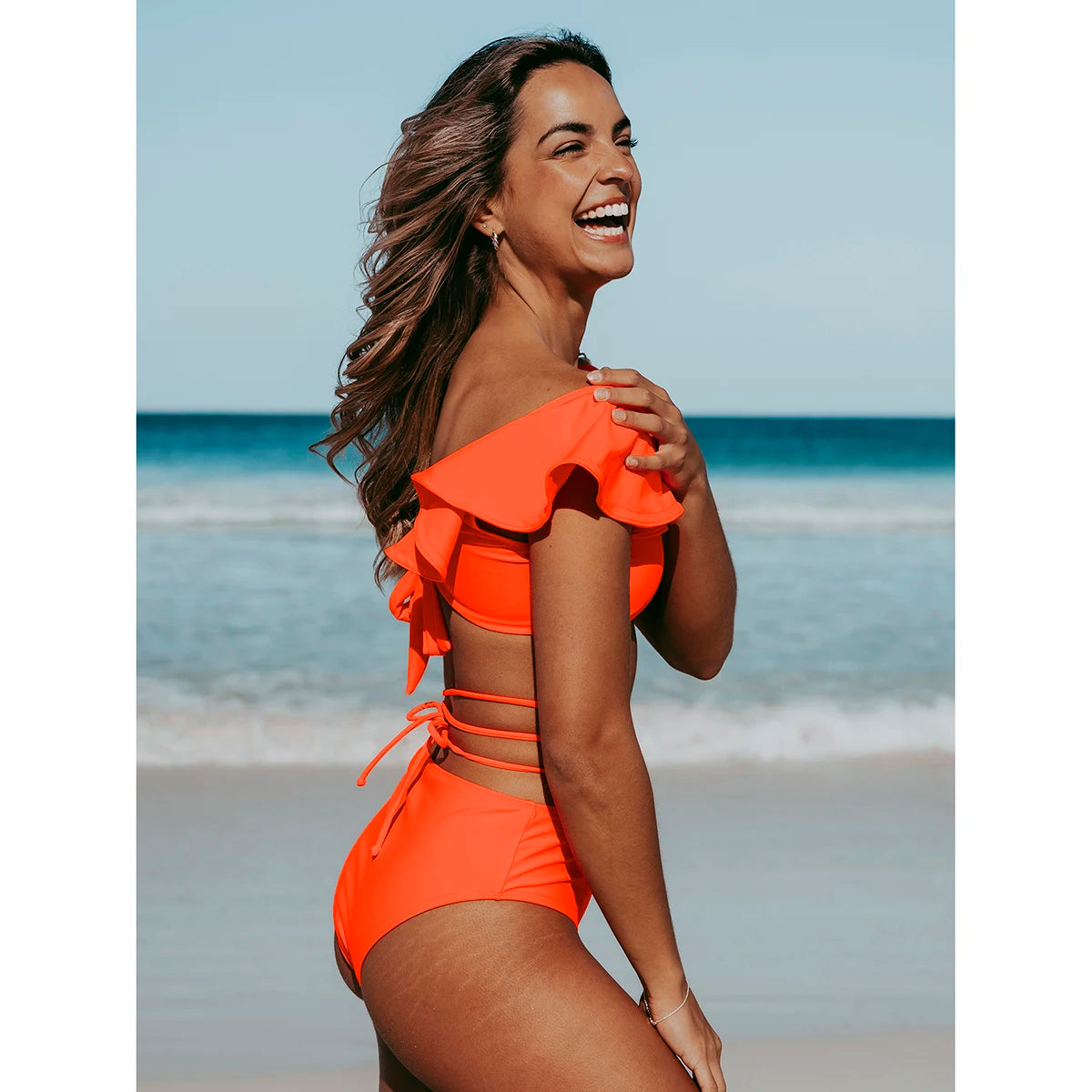 2025 New Sexy High Waist Ruffled Bikini Set Flounce Swimwear Women Swimsuit Solid Strappy Beachwear V-neck Bathing Suit Biquini