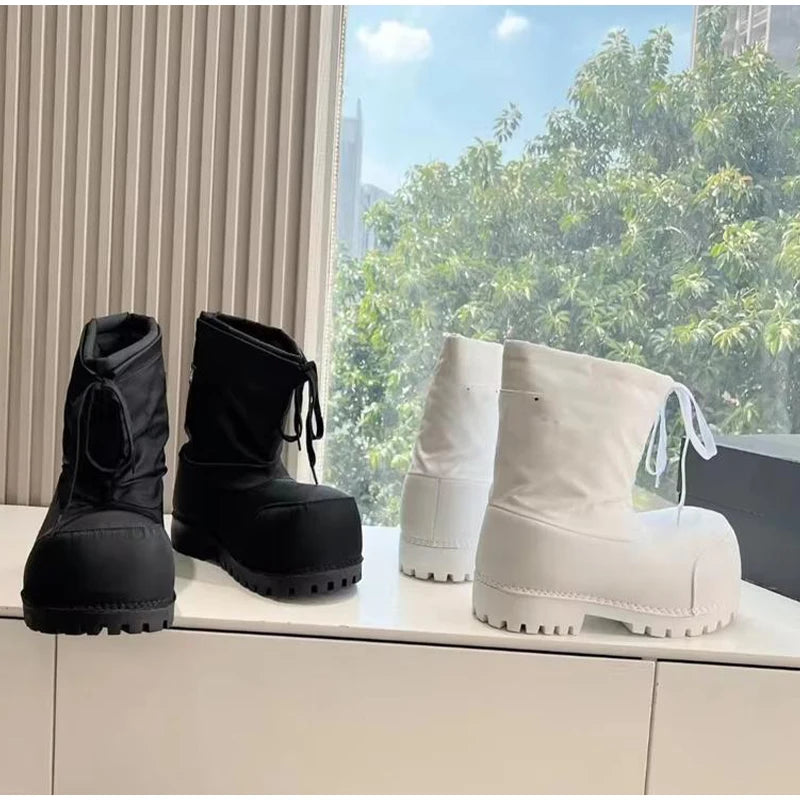 Unisex Big Head Botas Mujer Designer Drawstring Snow Boot Waterproof Anti-slip Warm Padded Thickened Platform Bottom Ankle Shoes