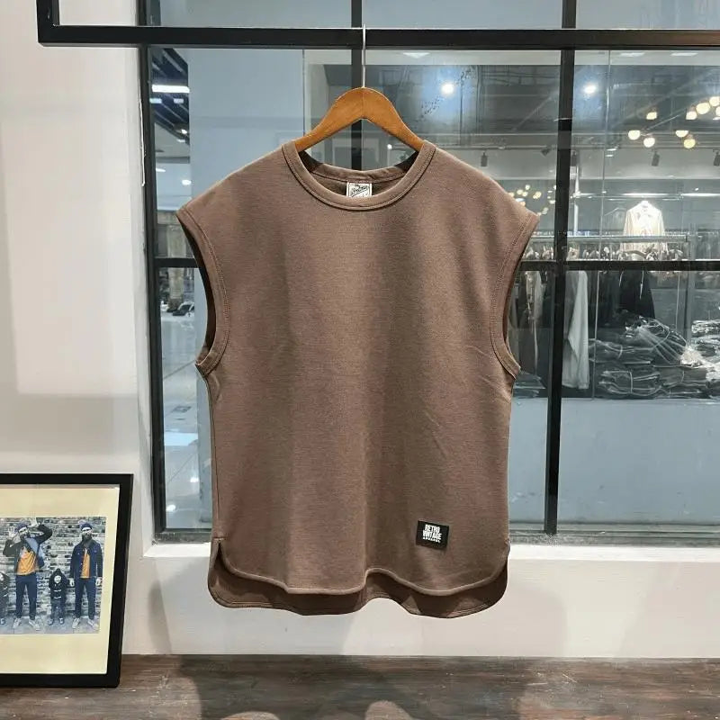 Trendy summer new waffle loose sports vest fitness sleeveless casual men's training solid color crew neck top