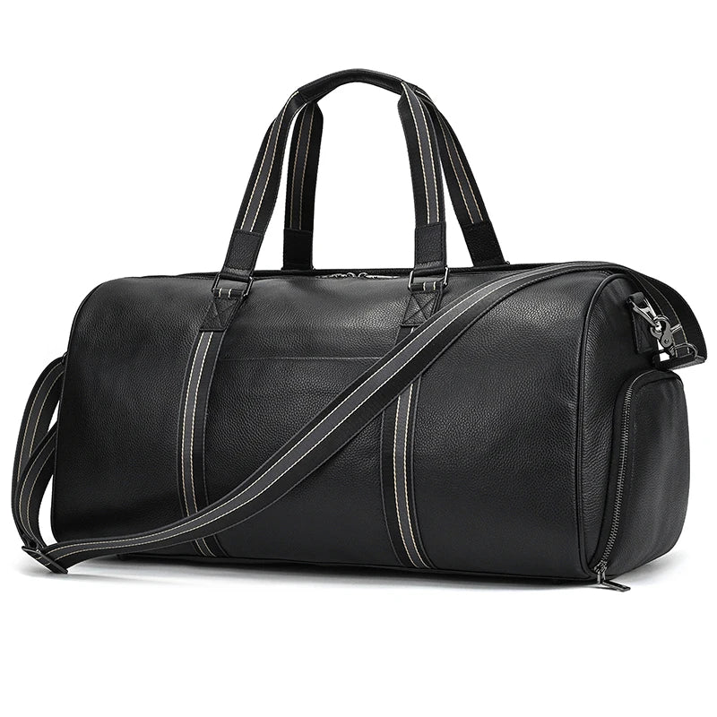 Sac de voyage en cuir véritable de grande capacité pour hommes et femmes, en cuir de vache noir souple, polochon de voyage décontracté, grand sac à bandoulière pour week-end