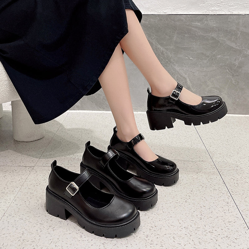 Black Ankle Buckle Platform Pumps Women Japanese Style Patent Leather Mary Jane Shoes Woman Punk Thick Heels Lolita Shoes Mujer