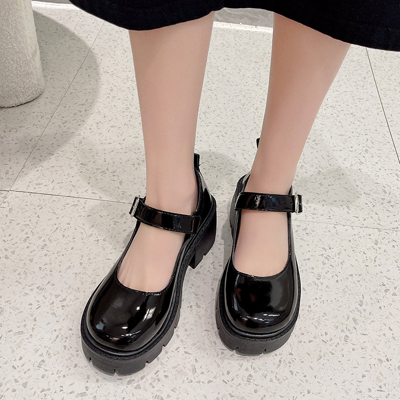 Black Ankle Buckle Platform Pumps Women Japanese Style Patent Leather Mary Jane Shoes Woman Punk Thick Heels Lolita Shoes Mujer