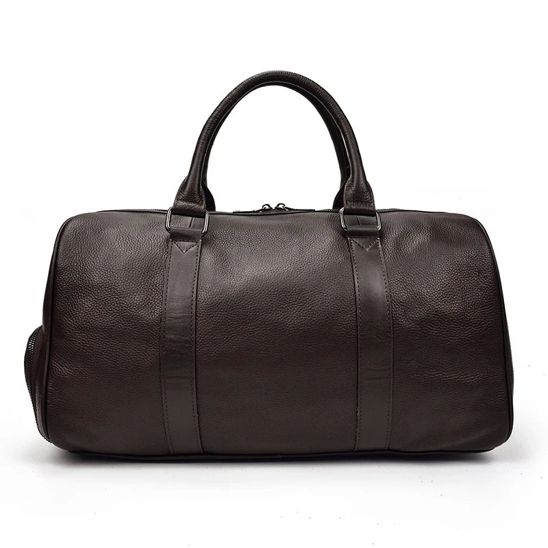 Sac de voyage en cuir véritable de grande capacité pour hommes et femmes, en cuir de vache noir souple, polochon de voyage décontracté, grand sac à bandoulière pour week-end