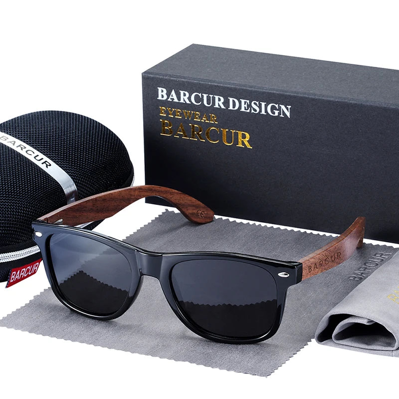 BARCUR noir noyer lunettes de soleil bois lunettes de soleil polarisées hommes lunettes hommes UV400 lunettes de protection en bois boîte d'origine