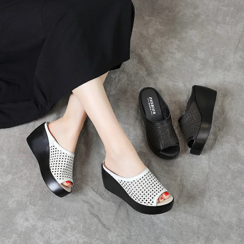 GKTINOO genuine leather Summer women slippers Open Toe flip flops sandals Women Wedges Slippers black white slides sandals