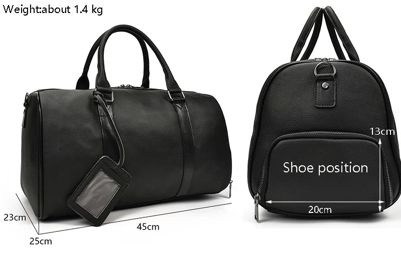 Sac de voyage en cuir véritable de grande capacité pour hommes et femmes, en cuir de vache noir souple, polochon de voyage décontracté, grand sac à bandoulière pour week-end
