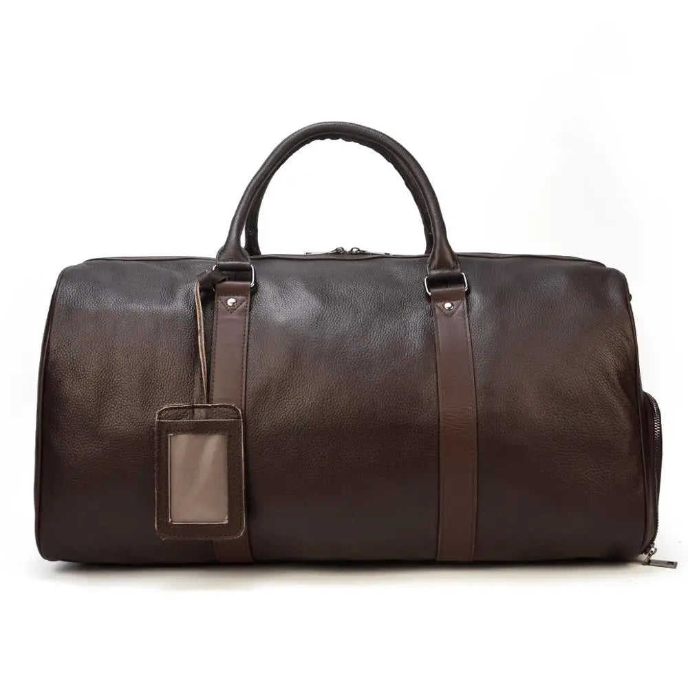 Sac de voyage en cuir véritable de grande capacité pour hommes et femmes, en cuir de vache noir souple, polochon de voyage décontracté, grand sac à bandoulière pour week-end