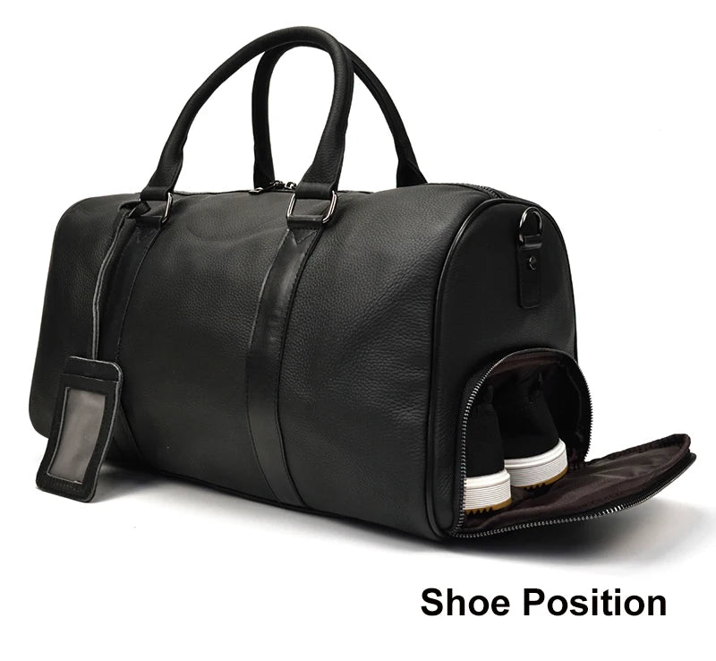 Sac de voyage en cuir véritable de grande capacité pour hommes et femmes, en cuir de vache noir souple, polochon de voyage décontracté, grand sac à bandoulière pour week-end