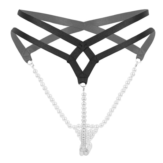 Women Erotic Mini Lingerie Low Rise T-Back Open Butt Stretchy Pearl G-String Thong Briefs Underwear