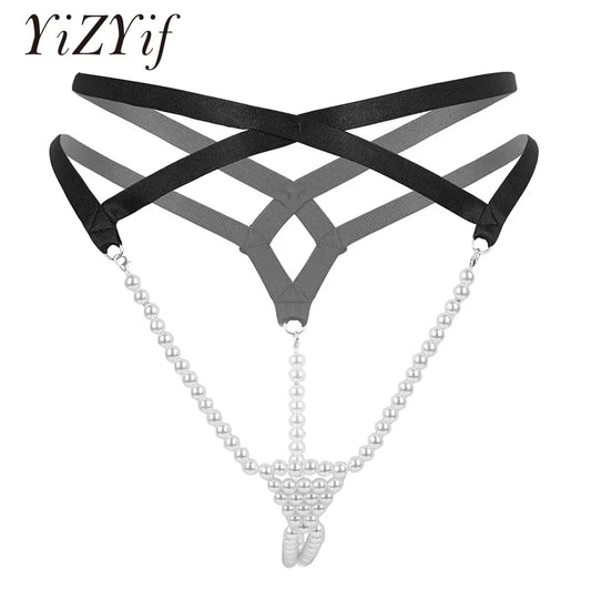 Women Erotic Mini Lingerie Low Rise T-Back Open Butt Stretchy Pearl G-String Thong Briefs Underwear