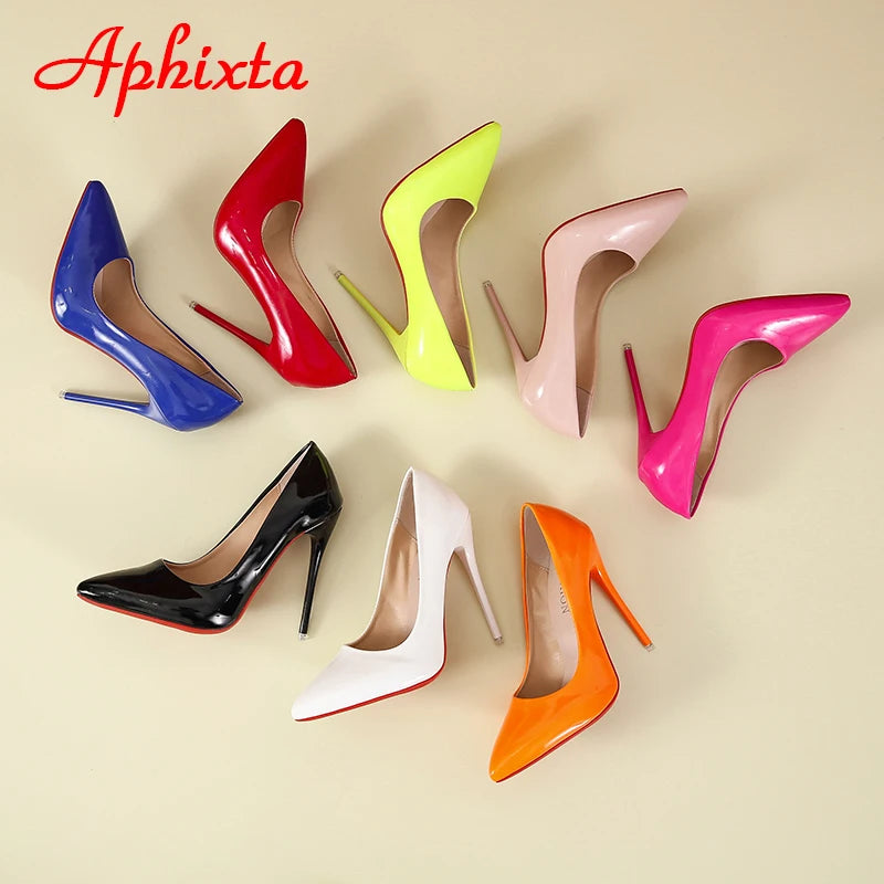 Aphixta 12cm Super High Thin Heels Pumps Women Shoes Pointed Toe Patent Leather Wedding Colorful Dress Stiletto Heel Shoes Woman