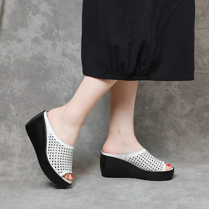 GKTINOO genuine leather Summer women slippers Open Toe flip flops sandals Women Wedges Slippers black white slides sandals
