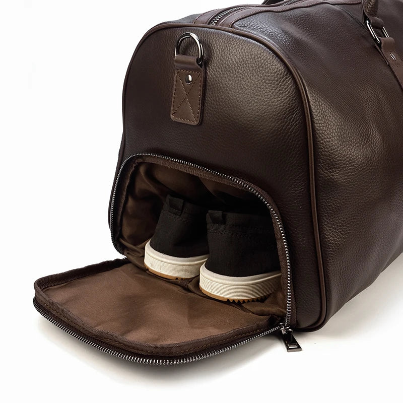 Sac de voyage en cuir véritable de grande capacité pour hommes et femmes, en cuir de vache noir souple, polochon de voyage décontracté, grand sac à bandoulière pour week-end