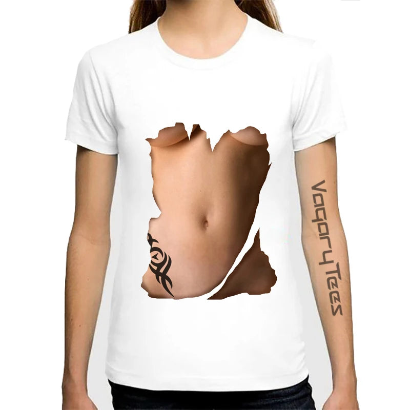 T-shirt manches courtes col rond femme, estival et décontracté, avec gros seins College en 3D