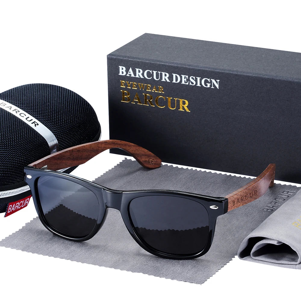 BARCUR noir noyer lunettes de soleil bois lunettes de soleil polarisées hommes lunettes hommes UV400 lunettes de protection en bois boîte d'origine
