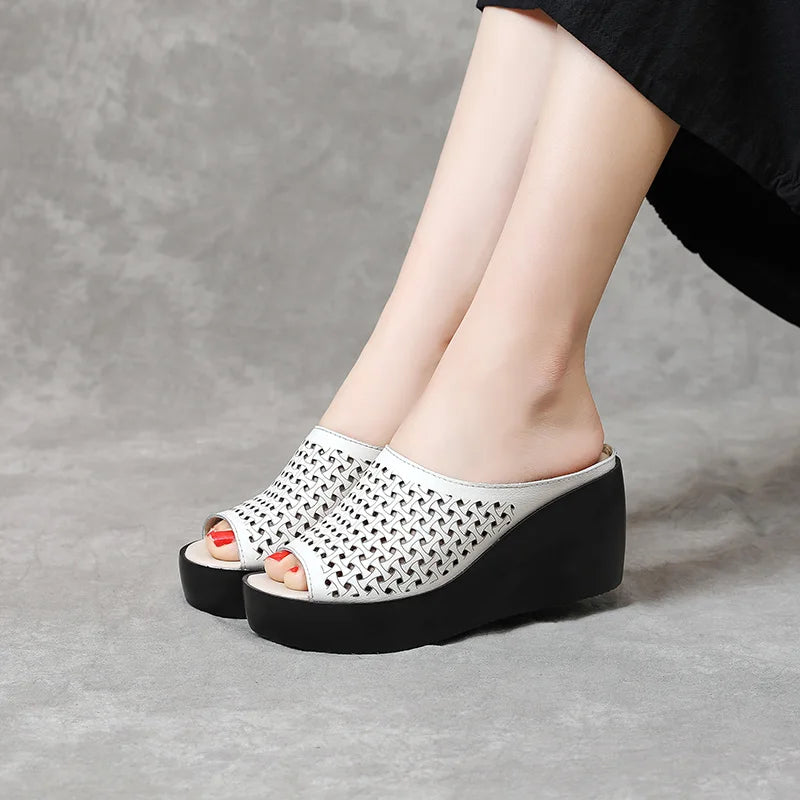 GKTINOO genuine leather Summer women slippers Open Toe flip flops sandals Women Wedges Slippers black white slides sandals