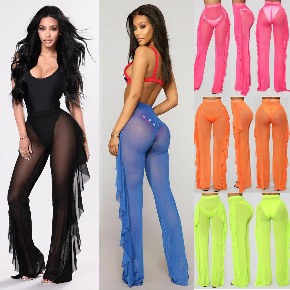 New Women Sexy Transparent Pants High Waist See Through Mesh Sheer Summer Beach Long Pants Bandage Solid Trousers 4 Colors S-XXL