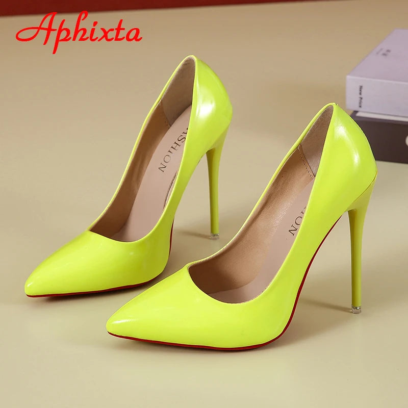 Aphixta 12cm Super High Thin Heels Pumps Women Shoes Pointed Toe Patent Leather Wedding Colorful Dress Stiletto Heel Shoes Woman