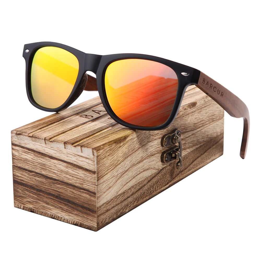 BARCUR noir noyer lunettes de soleil bois lunettes de soleil polarisées hommes lunettes hommes UV400 lunettes de protection en bois boîte d'origine