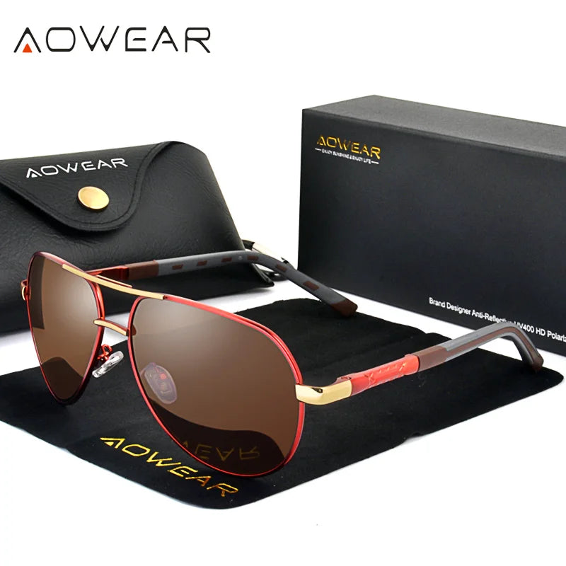 AOWEAR Aviation lunettes de soleil polarisées hommes en aluminium conduite miroir lunettes de soleil mâle marque concepteur rétro lunettes accessoires gafas